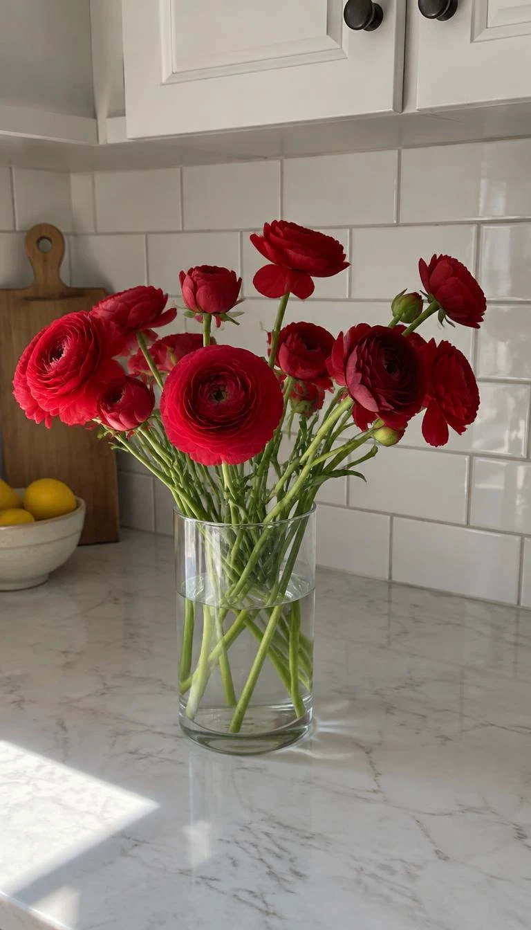 A candid, realistic iPhone photograph of a minimalist kitchen counter, featuring a clear cylindrical glass vase filled with curved scarlet ranunculus stems, clean water visible, white subway tile background, crisp winter afternoon lighting, unposed.