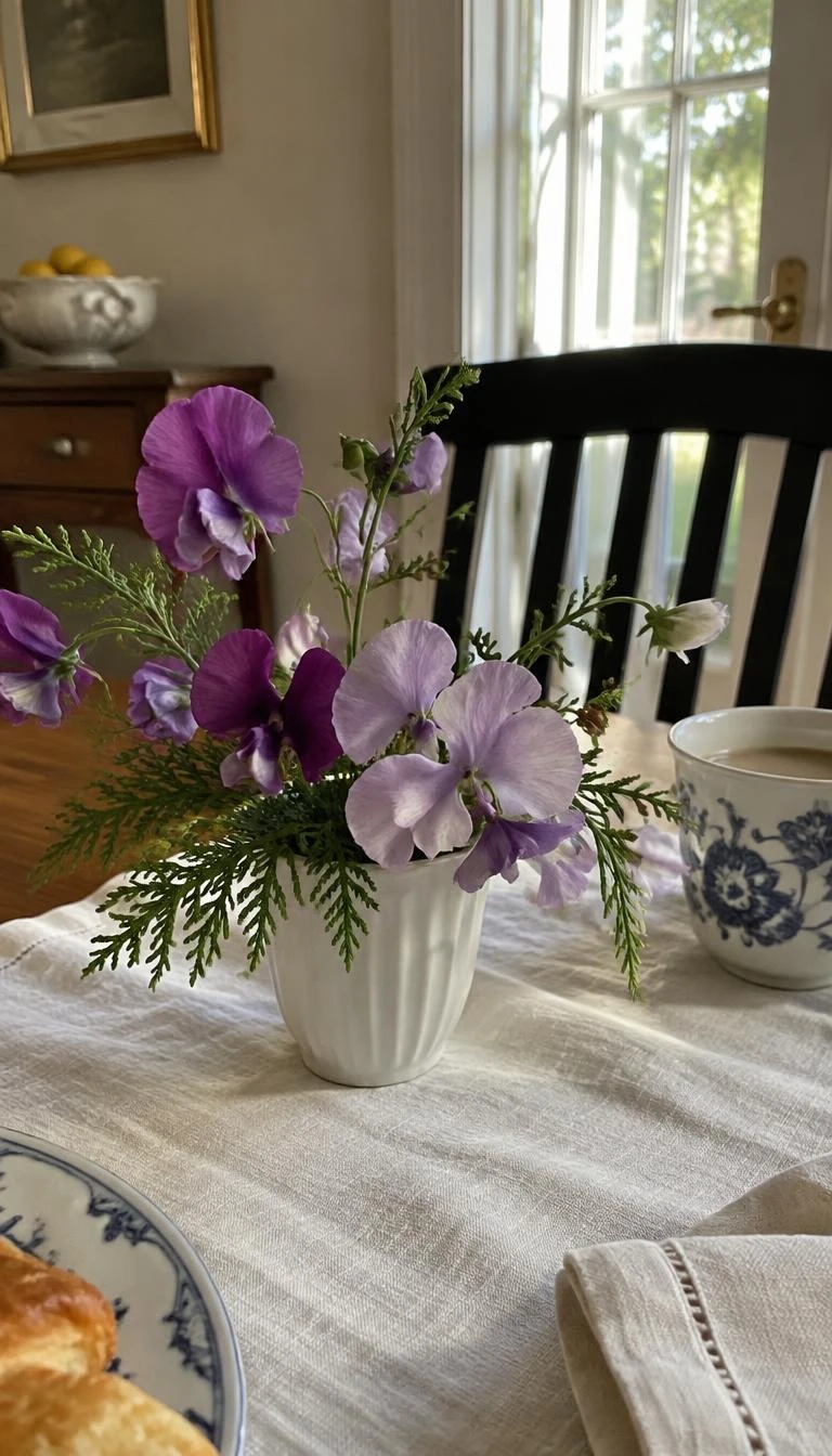A candid, realistic iPhone photograph of a breakfast nook table, holding a small fluted porcelain cup with delicate purple sweet peas woven through flat cypress sprigs, soft morning daylight, linen placemat, relaxed domestic moment.