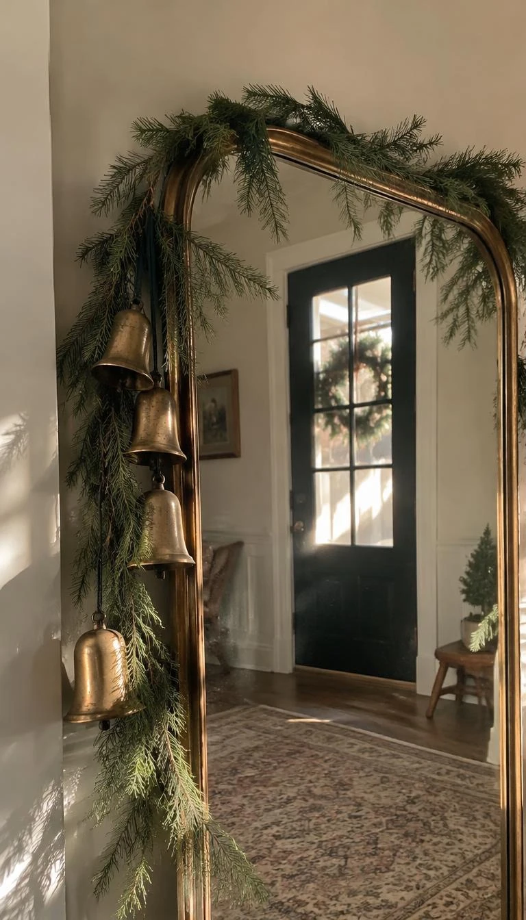 A candid, realistic iPhone photograph of an entryway mirror, pine garland draped around the gilded frame with heavy antiqued brass bells tied with narrow cord, morning sunlight.