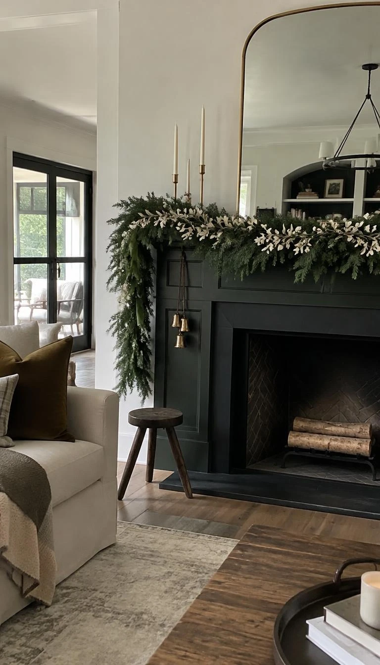A candid, realistic iPhone photograph of a contemporary living room, rich dark green fir garland accented with creamy white preserved ruscus leaves on a dark mantel, bright daylight.
