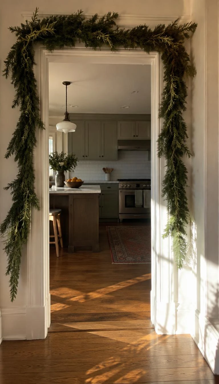 A candid, realistic iPhone photograph of a country kitchen doorway, dark fir garland framing the frame studded with upright rosemary stems, afternoon sun casting shadows on painted doorframe.