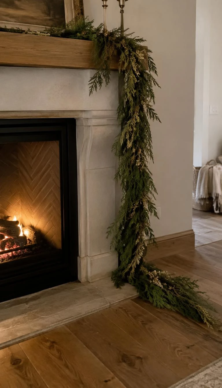 A candid, realistic iPhone photograph of a fireplace hearth, cedar and pine garland trailing down the mantel edge and pooling softly onto wide plank wood flooring, natural warm ambient lighting.