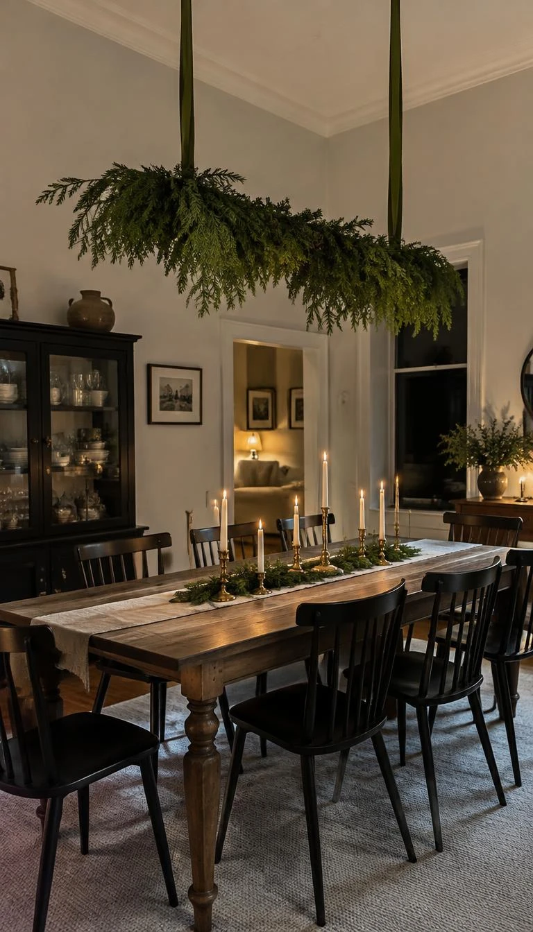 A candid, realistic iPhone photograph of a dining room with high ceilings, a lush cedar garland suspended horizontally from the ceiling on two olive green velvet cords above the table, soft evening light.