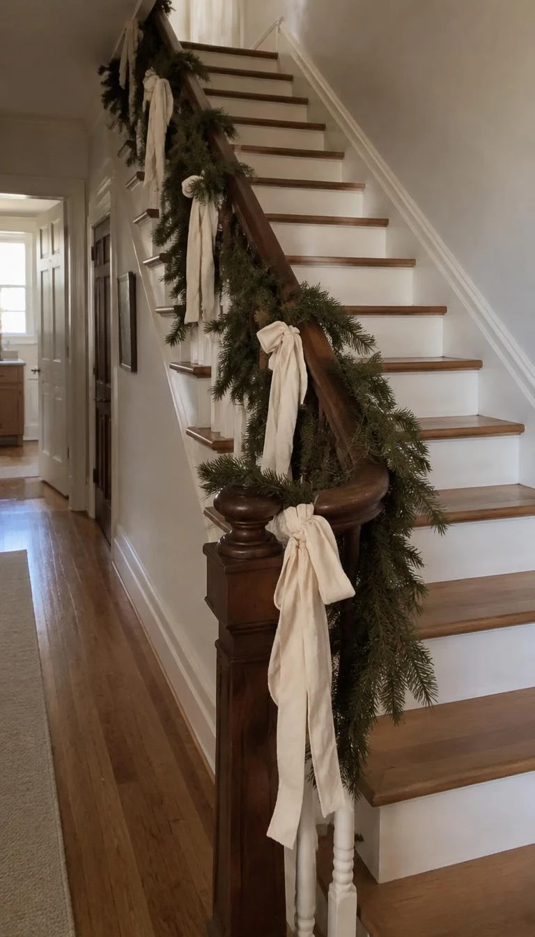 A candid, realistic iPhone photograph of a hallway staircase banister wrapped in dark spruce garland, loose cream raw silk ribbons with frayed edges tied sporadically along the handrail, warm interior daylight, natural hardwood floors.