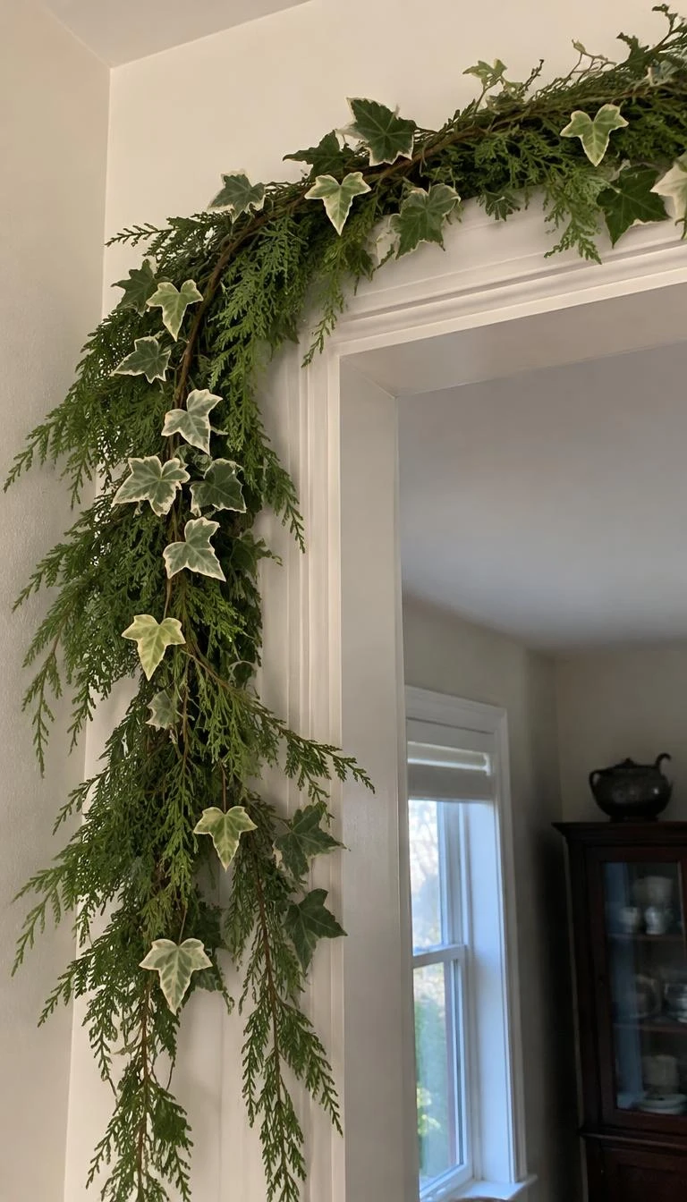 A candid, realistic iPhone photograph of an interior door frame, cedar garland entwined with pale green and cream variegated ivy vines, natural soft daylight, neutral wall color.