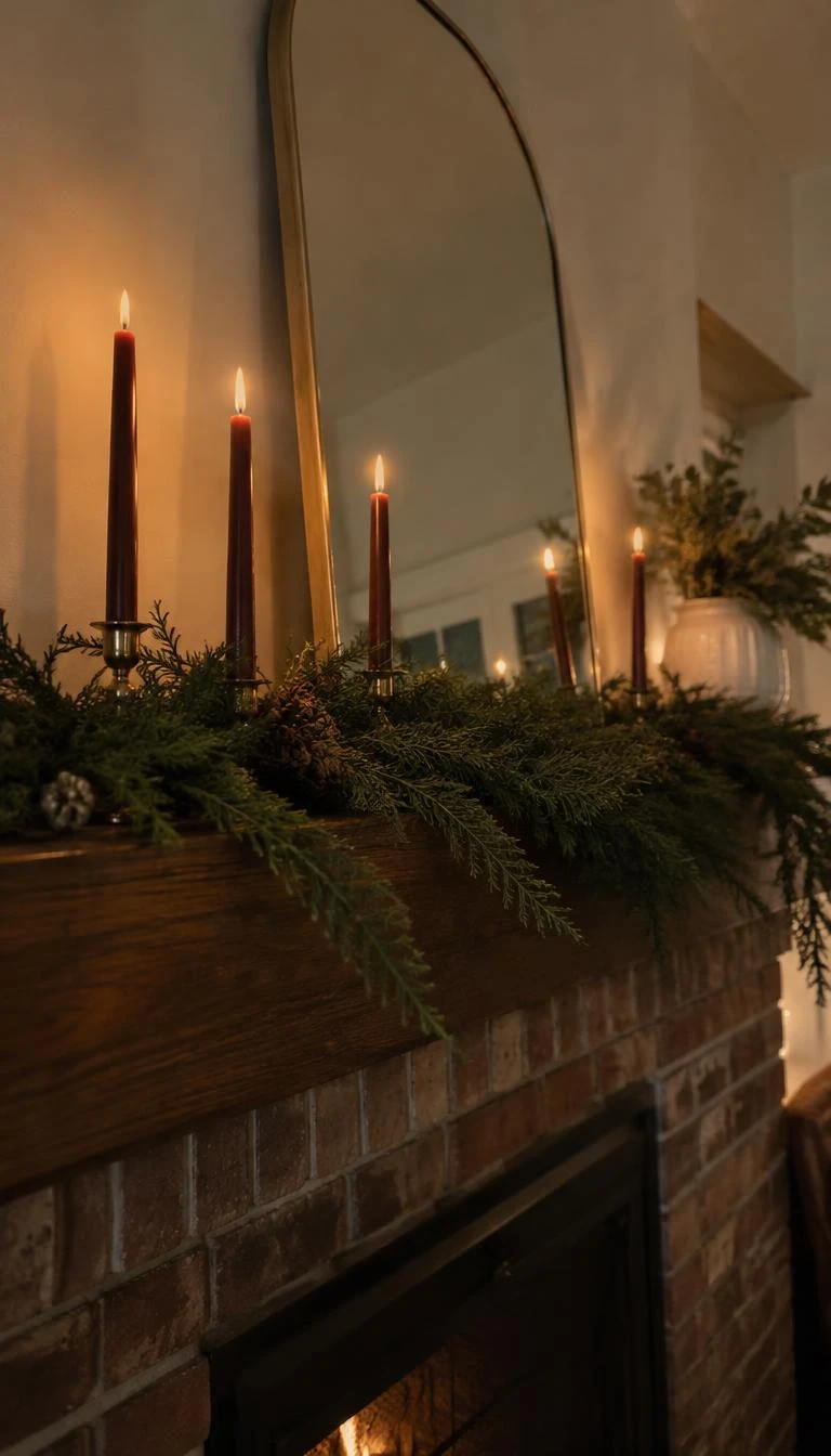 A candid, realistic iPhone photograph of a brick fireplace mantel, thick fir garland with tall wine red taper candles in brass holders sitting safely behind the branches, evening candlelight glow.