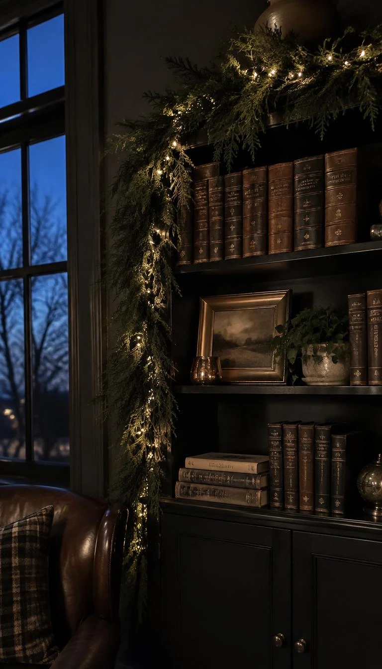 A candid, realistic iPhone photograph of a dark moody study, thick juniper garland draped over a bookshelf with tiny warm copper wire lights nestled deep inside the needles, evening twilight, leather books.