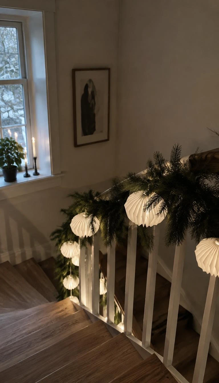 A candid, realistic iPhone photograph of a staircase landing, spruce garland woven with folded white accordion paper lanterns, soft shadows on wooden steps, Scandinavian interior feel.