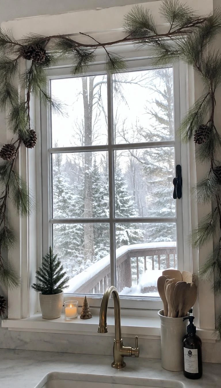 A candid, realistic iPhone photograph of a white kitchen casement window framed by a light pine branch arch, bare branches with pine needles, outside snowy view, bright daylight.