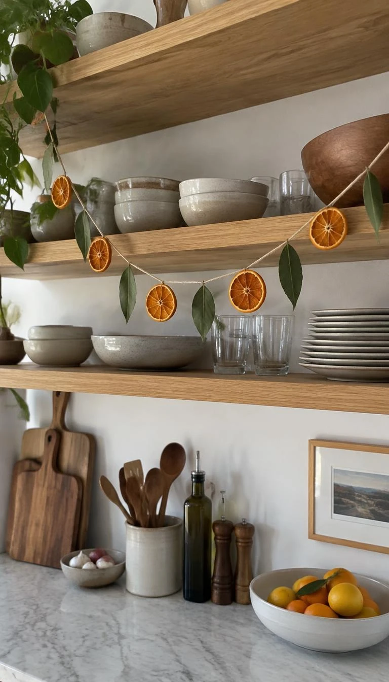 A candid, realistic iPhone photograph of an airy kitchen, showing a slender garland of dried orange clementine rounds and fresh bay leaves strung across open wooden shelving, natural daylight, ceramic bowls in background.