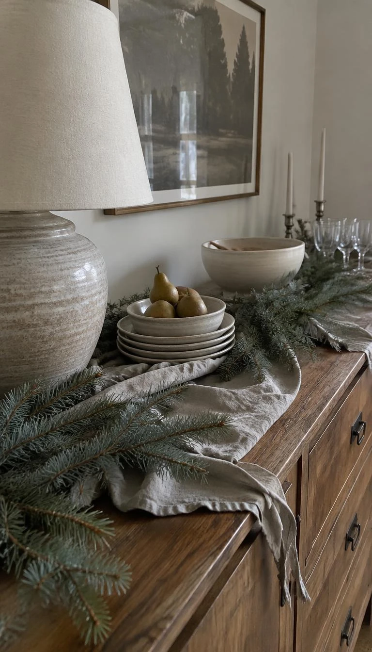 A candid, realistic iPhone photograph of a rustic dining room buffet, blue spruce boughs resting over gathered natural grey linen fabric, soft diffuse light, stoneware pottery nearby.