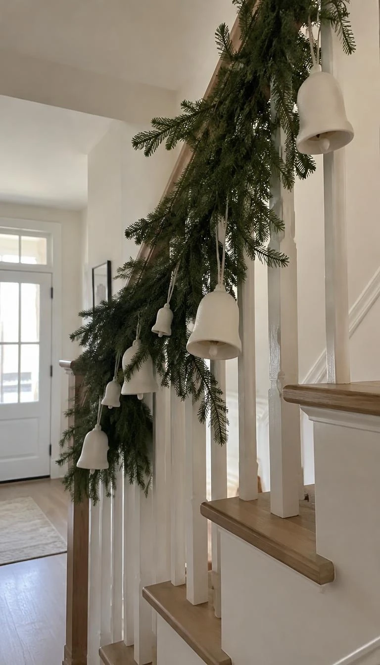 A candid, realistic iPhone photograph of a bright entryway, delicate matte white ceramic bells hanging at random heights from a spruce garland on a staircase railing, soft natural light, pale walls.