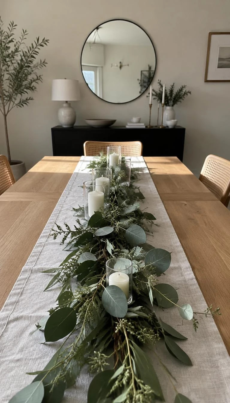 A candid, realistic iPhone photograph of a minimalist dining room, muted green eucalyptus and olive branch garland running down the center of an oak table, linen runner, natural morning light.