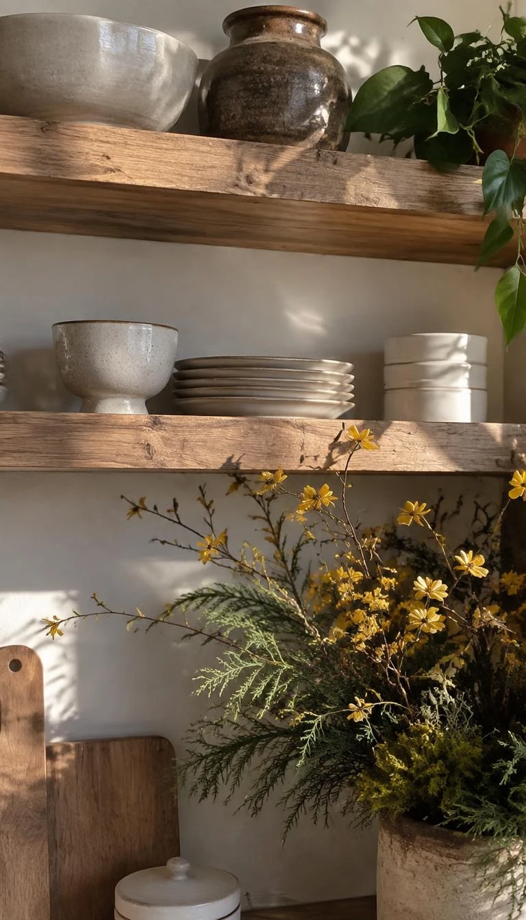 A candid, realistic iPhone photograph of kitchen open shelving, delicate yellow winter jasmine stems and sheet moss nestled among pale cedar foliage, morning sunlight on pottery.