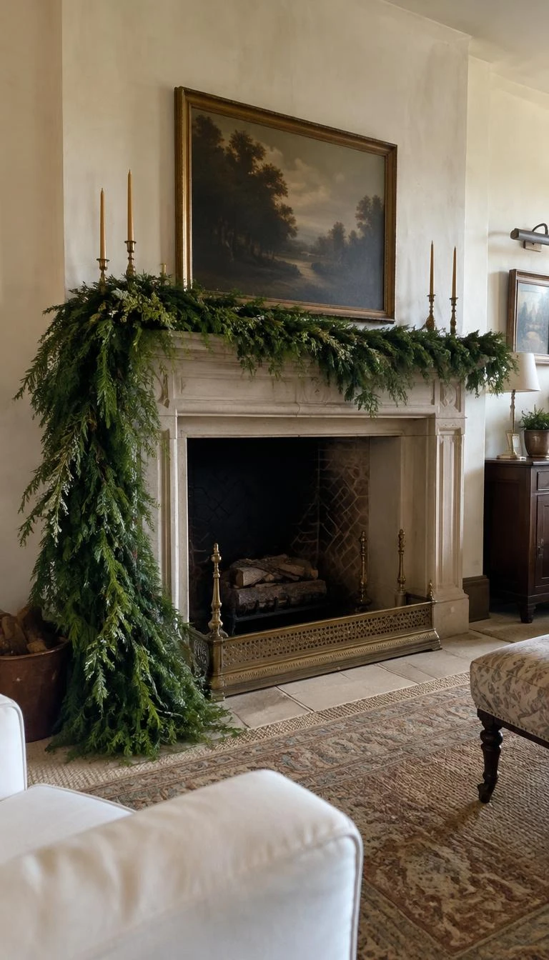 A candid, realistic iPhone photograph of a historic living room fireplace, lush cedar and fir garland heavily pooled on the left side and tapering away across the right, warm ambient daylight, limewash walls.