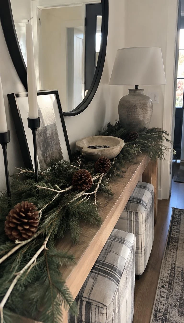 A candid, realistic iPhone photograph of an entryway console table, noble fir garland mixed with slender white birch twigs and large natural pinecones, soft morning winter light.