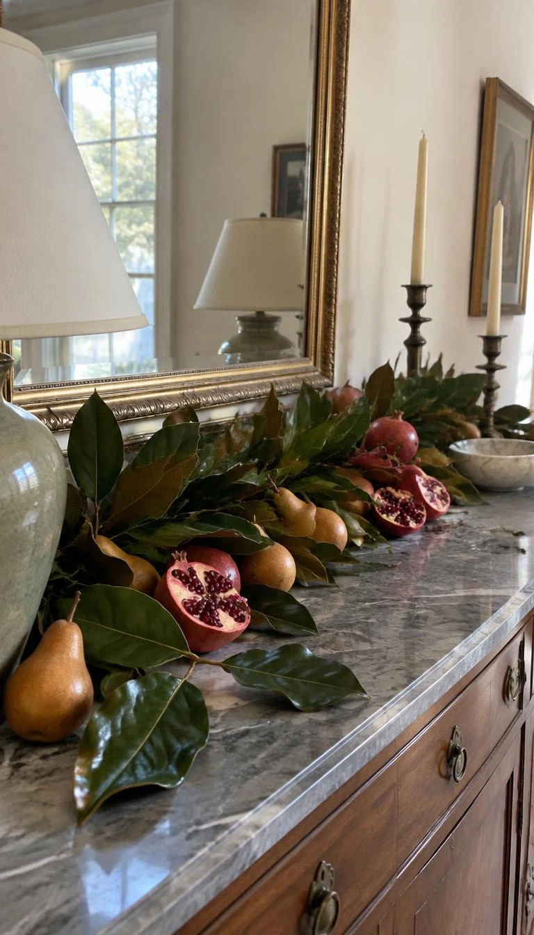 A candid, realistic iPhone photograph of a dining room sideboard, glossy magnolia leaf garland studded with real russet pears and split pomegranates, natural northern light, stone tabletop.