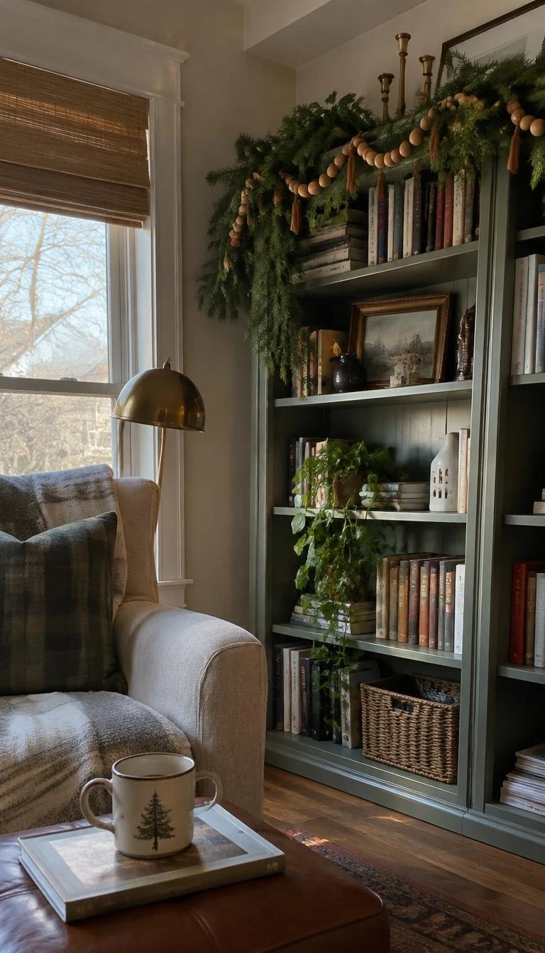 A candid, realistic iPhone photograph of a cozy reading nook, a pine garland across a bookshelf with an unvarnished wood bead and cinnamon stick strand woven through, soft afternoon light.