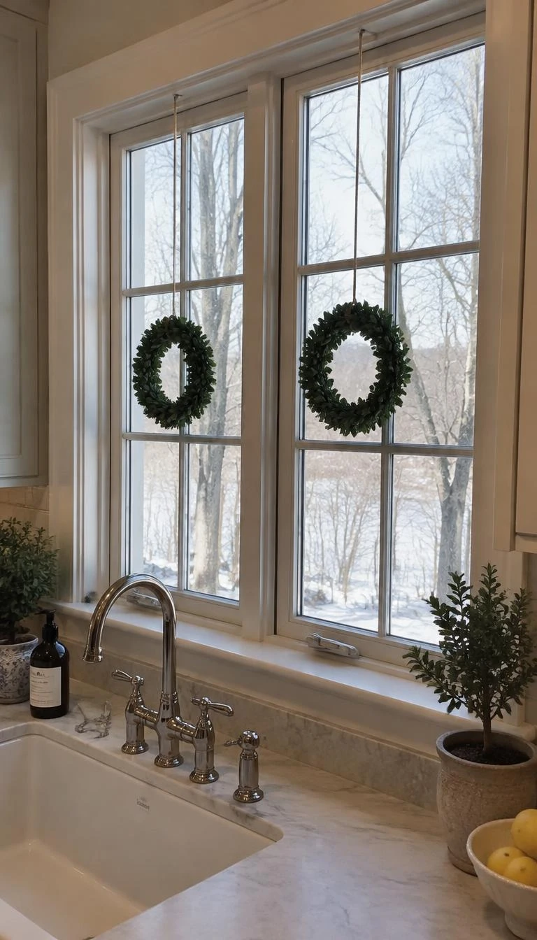 A candid, realistic iPhone photograph of a kitchen casement window, framed by two small, delicate boxwood wreaths suspended by thin flax twine, soft winter light reflecting on glass panes