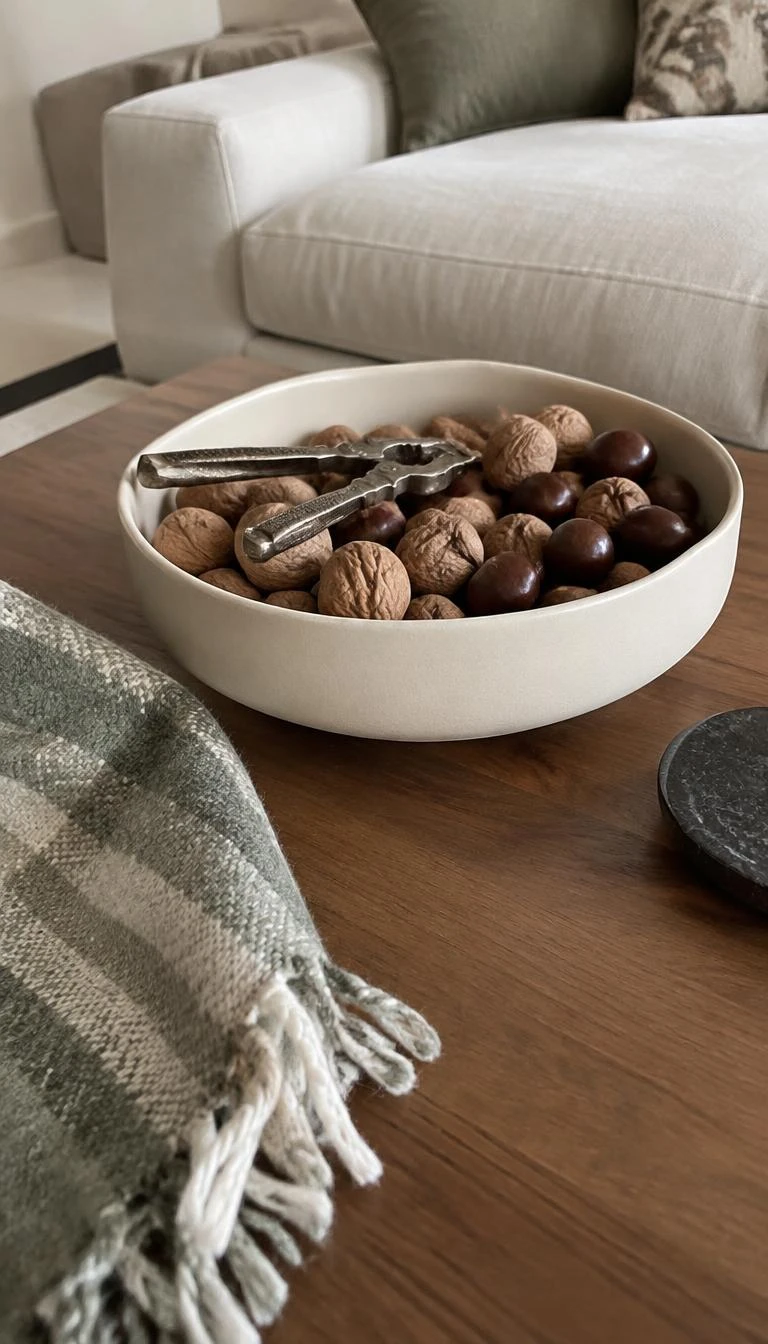 A candid, realistic iPhone photograph of a coffee table, holding a wide matte cream ceramic bowl filled with uncracked walnuts, chestnuts, and a vintage metal nutcracker, beside a wool blanket