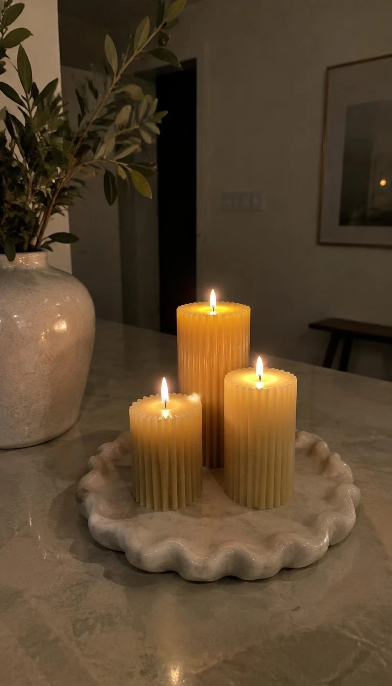 A candid, realistic iPhone photograph of an island corner, displaying three fluted beeswax pillar candles clustered on a small scalloped marble tray, muted evening ambient light, subtle reflections on stone.