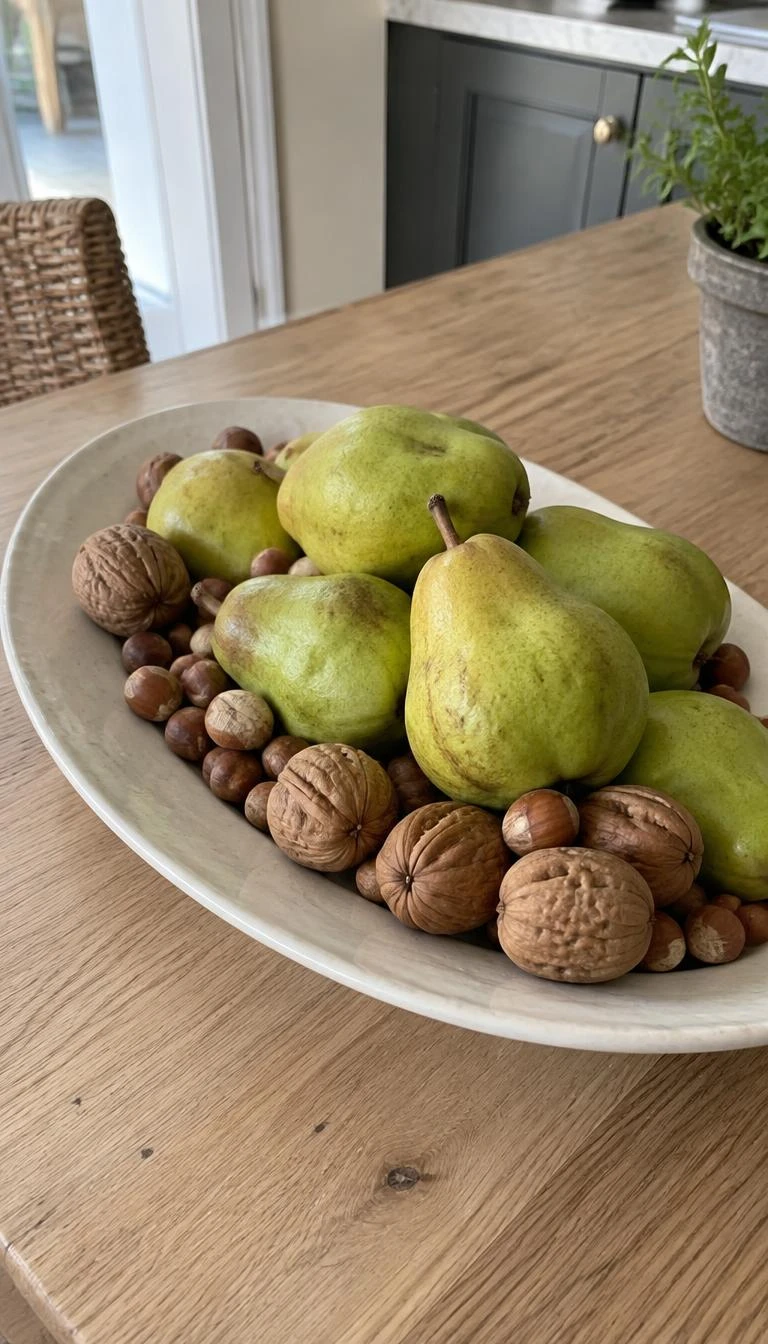 A candid, realistic iPhone photograph of an antique oval white ironstone platter piled with green Anjou pears, whole walnuts, and brown hazelnut shells, resting on a light oak dining island, daytime shot.