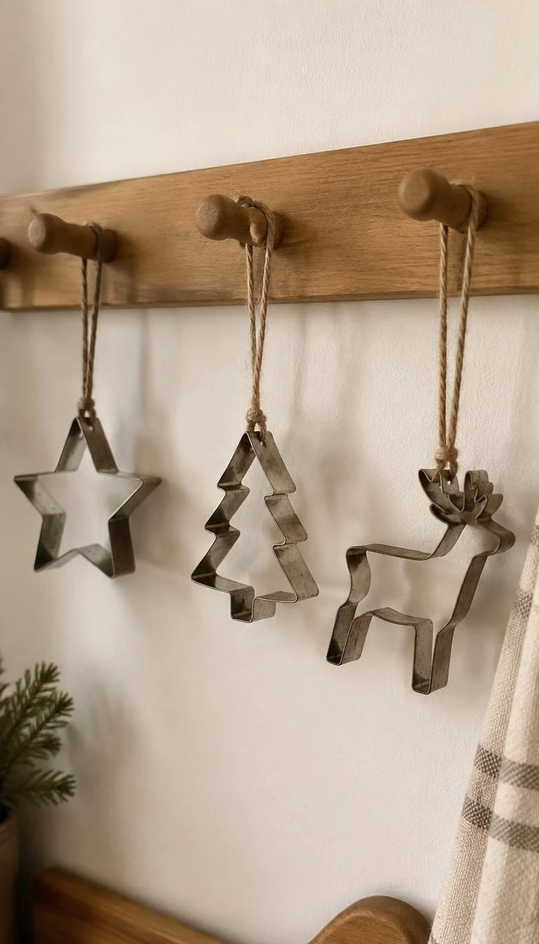 A candid, realistic iPhone photograph of a shaker style wooden peg rail on a kitchen wall, hanging vintage tin cookie cutters shaped like stars, trees, and deer on slender twine loops, warm white wall.