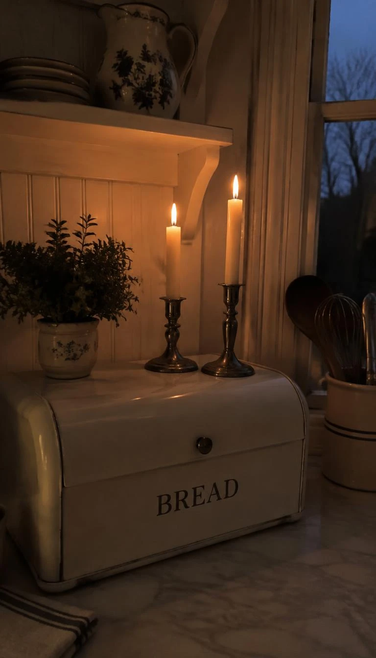 A candid, realistic iPhone photograph of an enamel bread box on a kitchen counter, holding two slim cream wax battery tapers in pewter candlesticks, gentle flickering glow at dusk, moody atmospheric lighting.