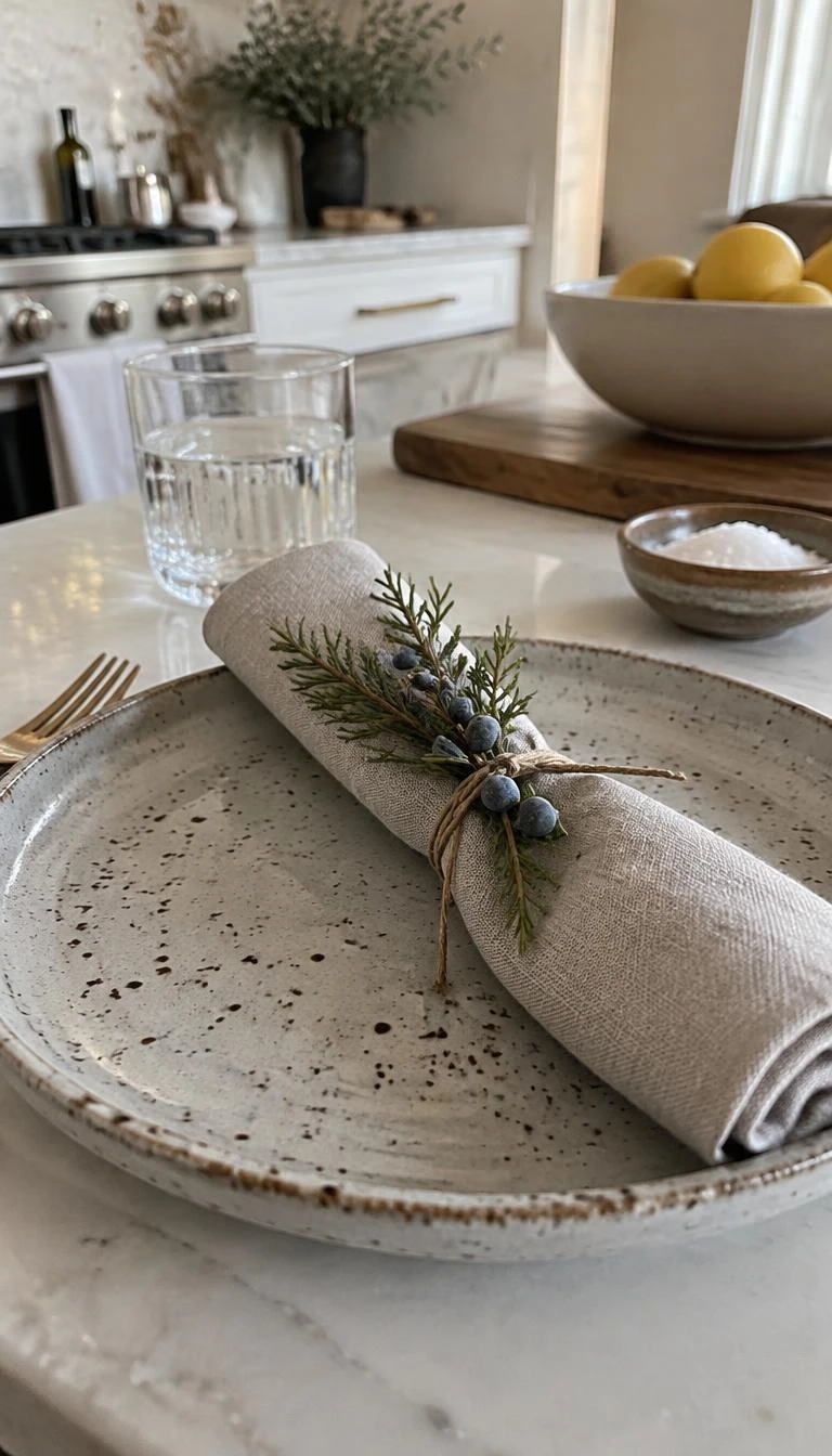 A candid, realistic iPhone photograph of an everyday kitchen island place setting, with a rolled oatmeal linen napkin tied with string and a fresh juniper sprig with blue berries, stoneware plate, daytime light.