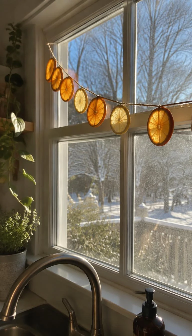A candid, realistic iPhone photograph of a kitchen window with a delicate garland of translucent dried orange and lemon slices strung on thin jute twine, bright winter sunlight shining through the amber fruit.