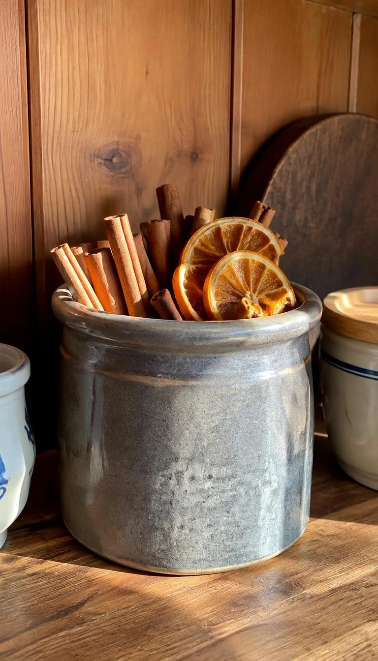 A candid, realistic iPhone photograph of a rustic kitchen shelf holding a heavy gray stoneware crock filled with thick rolled cinnamon quills and dehydrated orange slices, soft afternoon sun, warm wood background.