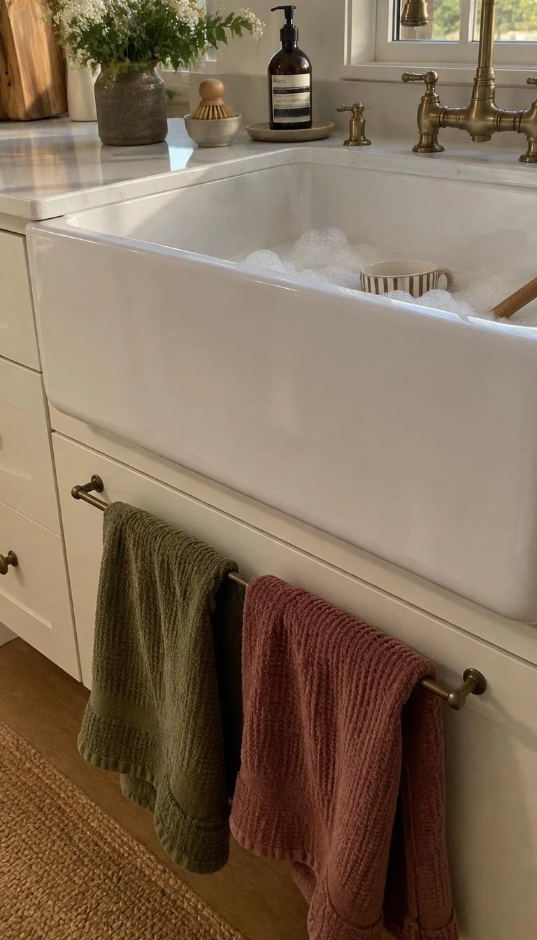 A candid, realistic iPhone photograph of an apron front sink with two textured linen dish towels in olive green and muted cranberry hanging from the drawer handle, warm natural daylight, soapy bubbles in the sink.