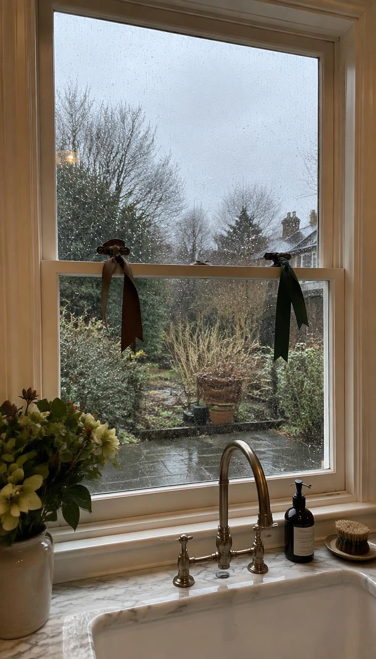A candid, realistic iPhone photograph of a double hung kitchen window over a sink, dark bronze sash latches tied with chocolate brown and forest green velvet ribbons, winter garden visible outside through rainy glass.