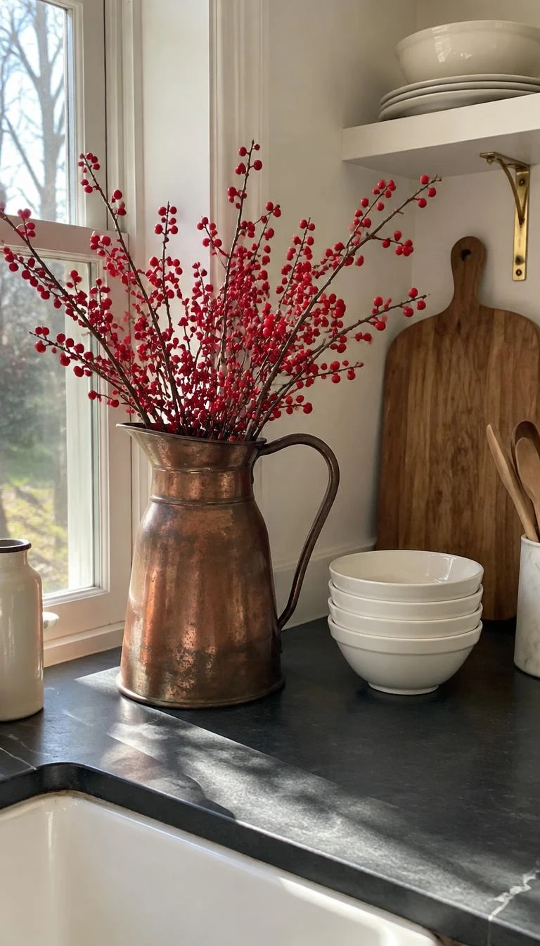 A candid, realistic iPhone photograph of a weathered copper pitcher holding bright red winterberry branches, resting on a dark soapstone kitchen counter beside a stack of white bowls, gentle morning window light.