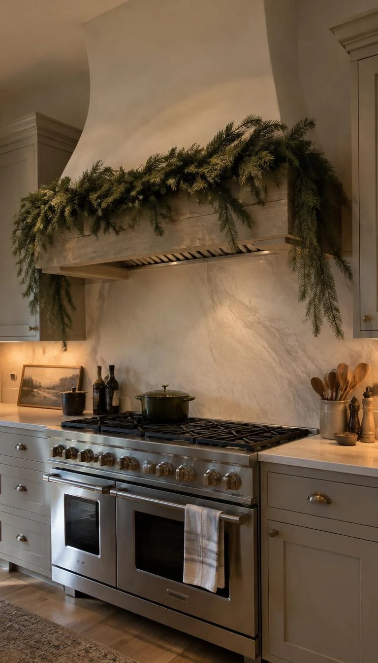 A candid, realistic iPhone photograph of a plaster range hood in a cozy country kitchen, decorated with a thick drape of white pine and spruce branches, warm under cabinet lighting, stainless steel range below.