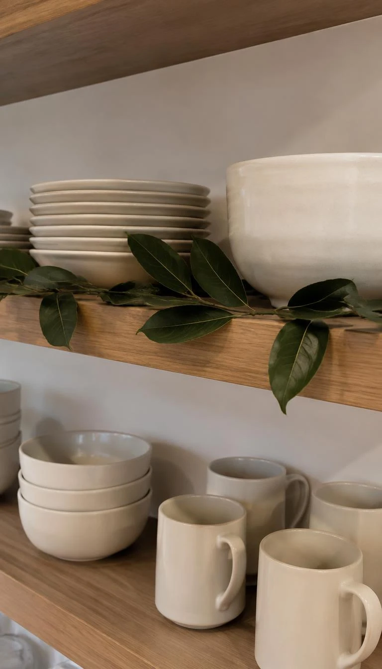 A candid, realistic iPhone photograph of white oak open shelving holding cream ceramic dinnerware, with fresh dark green bay leaf branches laid flat along the wood edge, soft overhead ambient kitchen lighting.