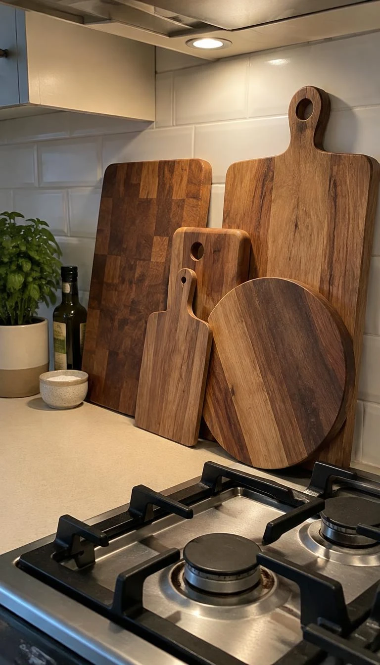 A candid, realistic iPhone photograph of a collection of four thick rectangular and round wooden cutting boards leaning against a white tiled kitchen wall behind a stove, warm timber tones, overhead downlight.