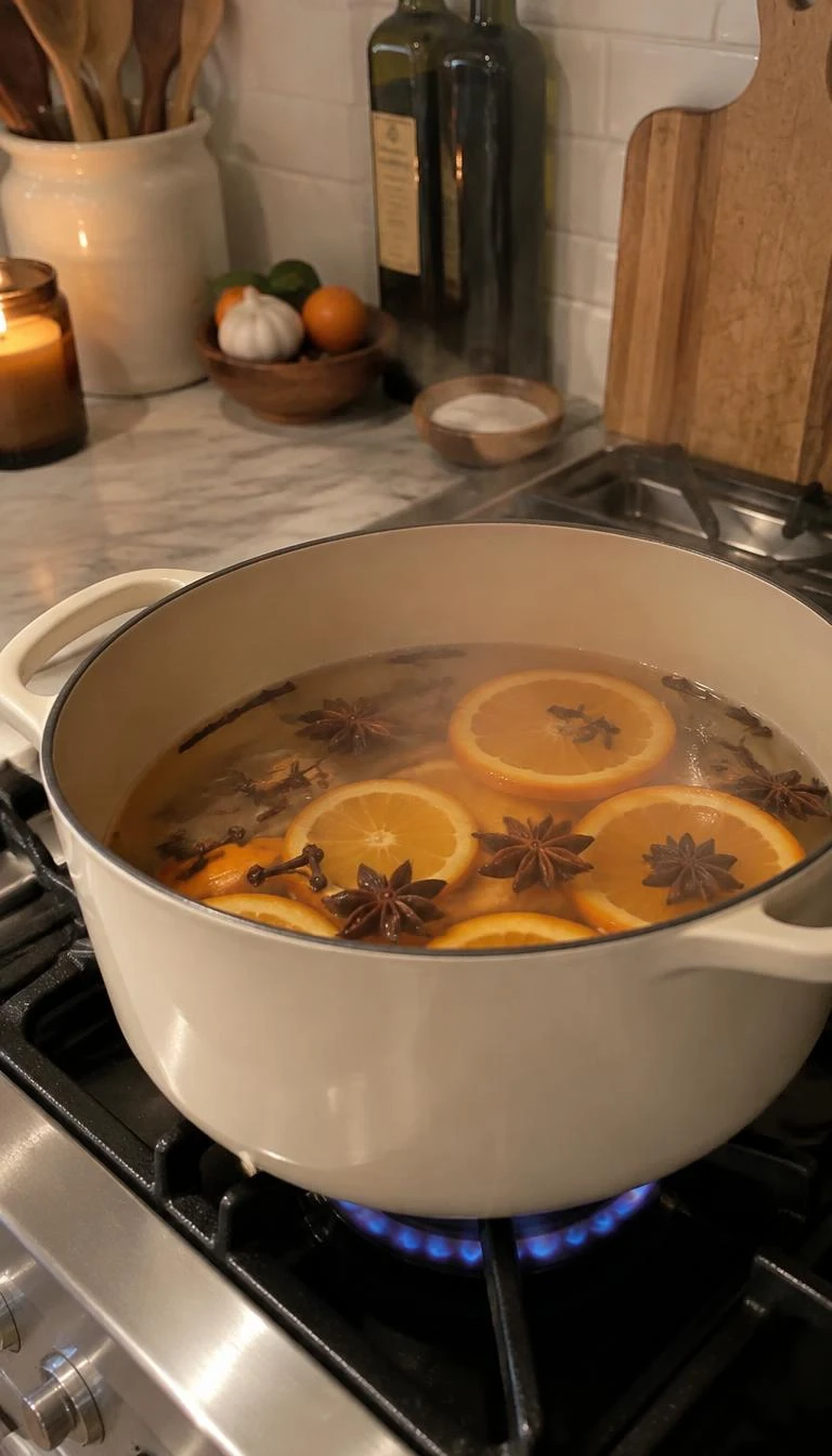 A candid, realistic iPhone photograph of a matte cream cast iron Dutch oven on a gas burner, water simmering with star anise pods, orange slices, and cloves, gentle steam rising, cozy kitchen background.