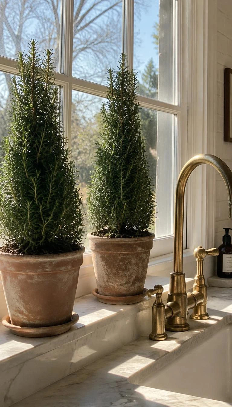 A candid, realistic iPhone photograph of a sunny kitchen windowsill with two small cone shaped rosemary topiaries in aged terracotta pots, unlacquered brass gooseneck faucet beside them, soft bright morning light.