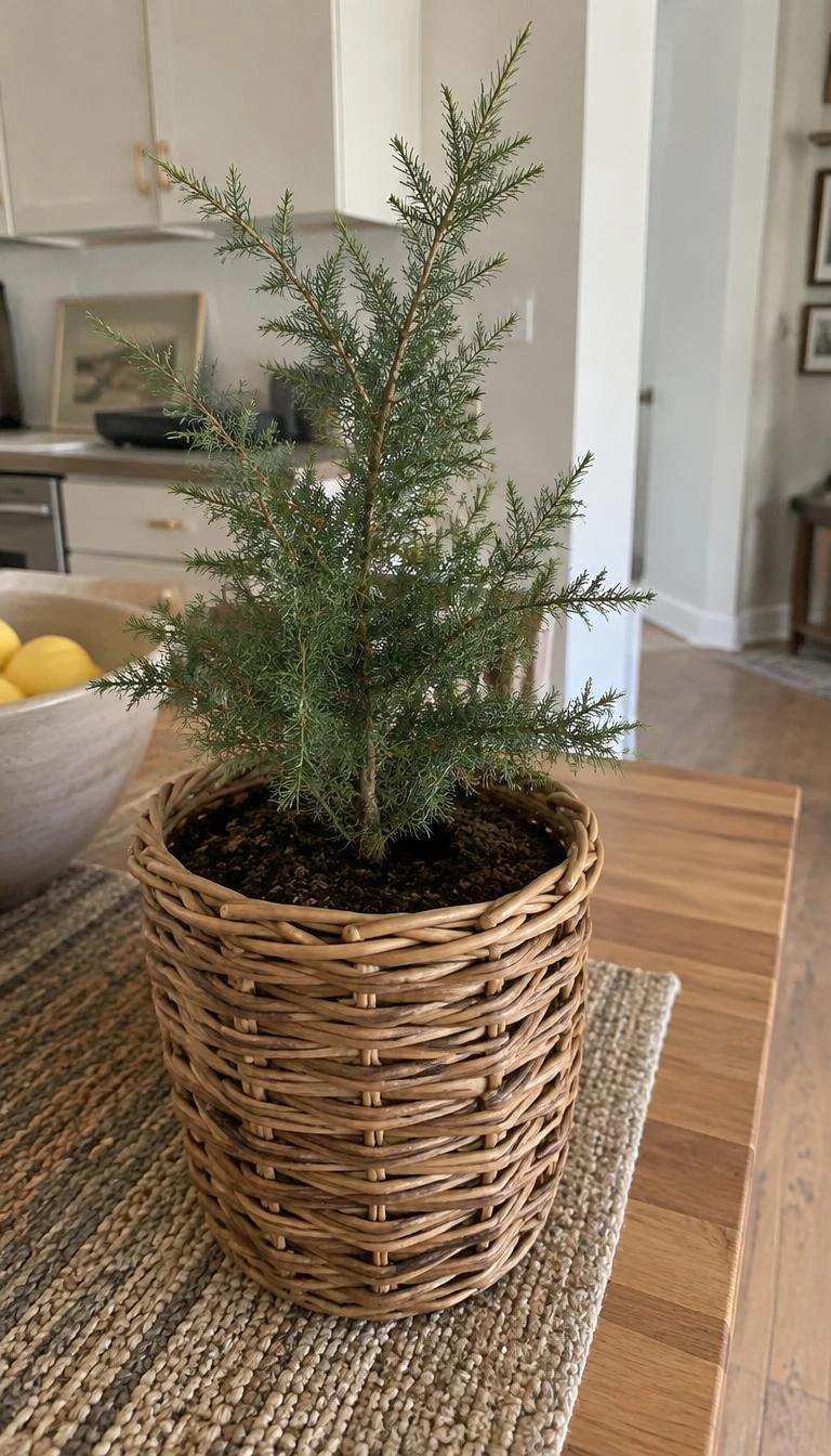 A candid, realistic iPhone photograph of a tabletop juniper sapling potted inside a woven rattan basket on a butcher block island corner, textured knit runner beneath, soft neutral lighting.
