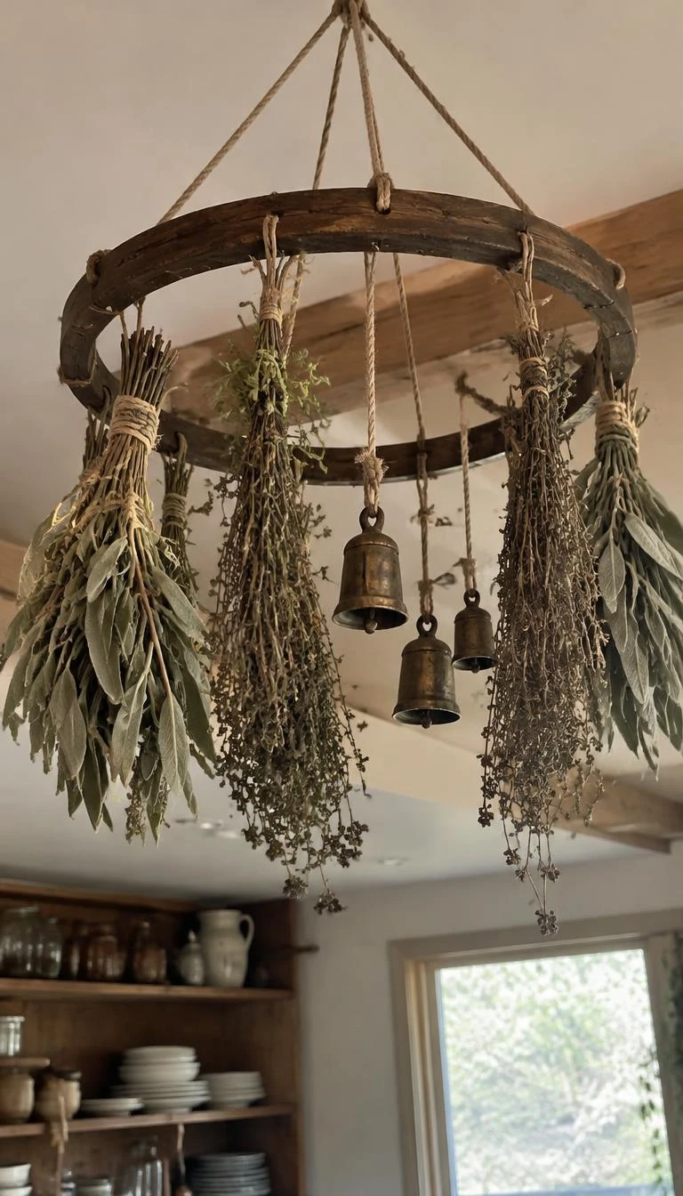 A candid, realistic iPhone photograph of a ceiling hung circular wooden drying rack, holding bundles of dried sage, thyme, and three tiny antique brass cowbells tied with jute, warm rustic kitchen setting.