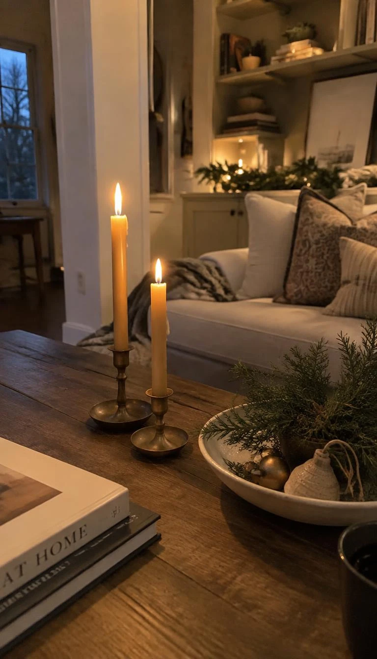 A candid, realistic iPhone photograph of a living room coffee table with beeswax taper candles in low antique brass holders, soft ambient glow, ceramic tray, quiet holiday atmosphere