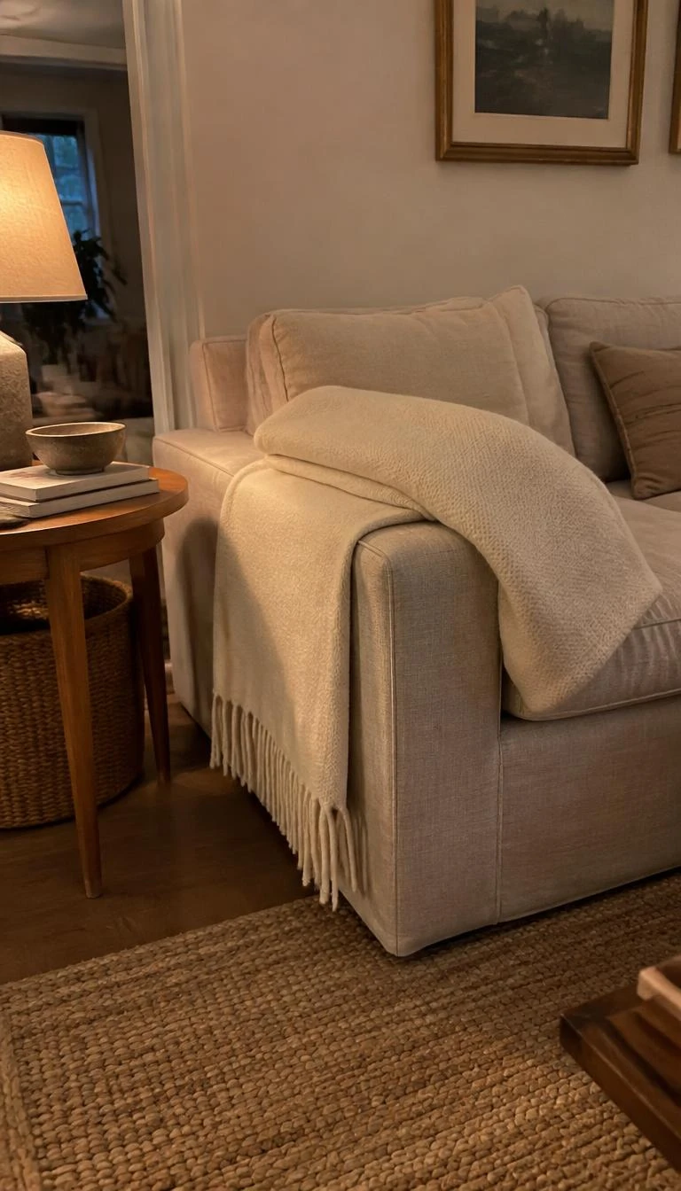A candid, realistic iPhone photograph of a living room linen sofa with a folded heavy unbleached cream wool blanket over the arm, warm lamplight, textured rug, wooden side table