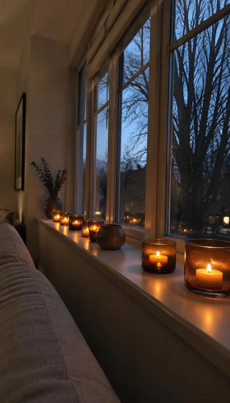 A candid, realistic iPhone photograph of a deep living room window sill lined with amber glass votive holders glowing with warm tea lights, evening twilight outside
