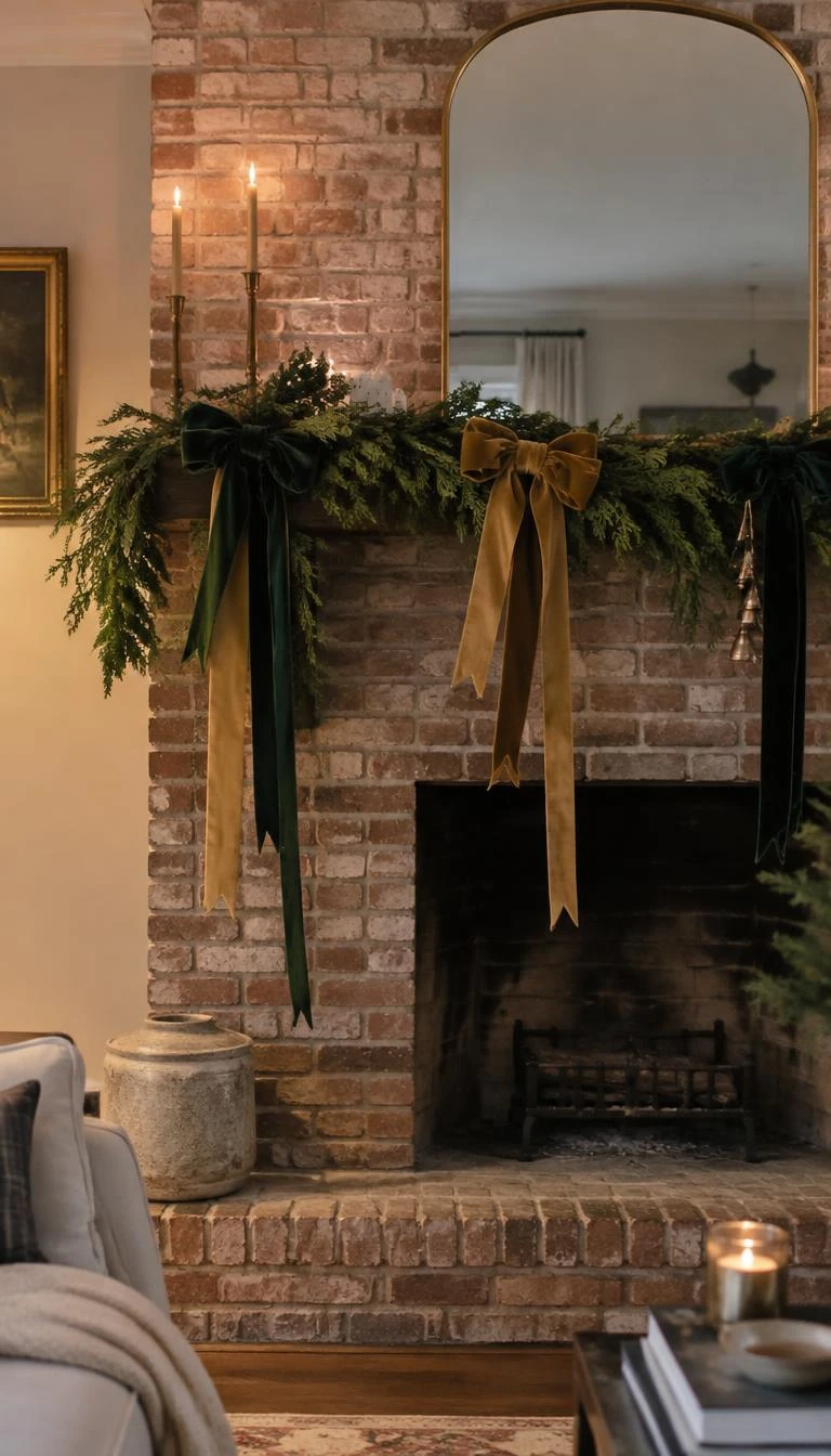 Drape Velvet Ribbon in Forest Green and Ochre A candid, realistic iPhone photograph of a living room mantel, showing wide forest green and ochre velvet ribbons tied in loose bows on evergreen garland, soft indoor lighting, exposed brick fireplace, peaceful holiday atmosphere.