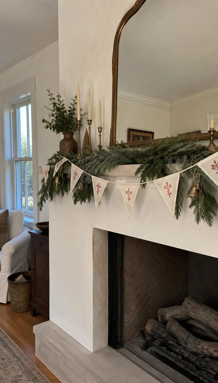 Drape Raw Linen Bunting Stitched With Muted Red Thread A candid, realistic iPhone photograph of a living room mantel, displaying a delicate off white linen bunting with subtle red stitch work, draped across cedar greenery, warm plaster fireplace, soft morning window light, simple holiday charm.