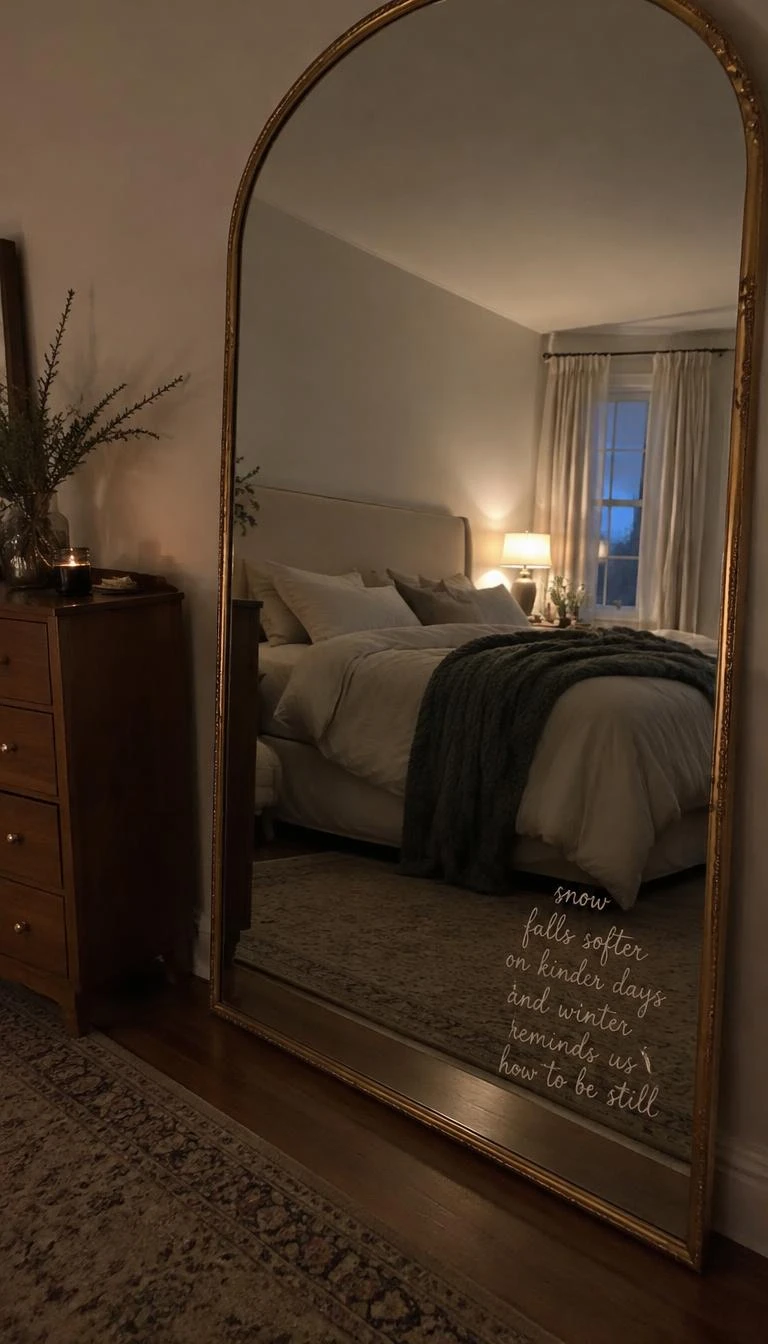 Write Winter Verses With a White Chalk Marker A candid, realistic iPhone photograph of a bedroom, showing an antique gold floor mirror with hand written calligraphic winter poetry lines in matte white chalk ink across the bottom right corner, soft cozy bedroom ambiance with woolen blankets nearby.