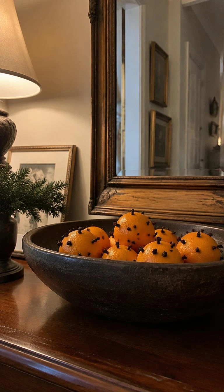 Place a Low Bowl of Cloved Oranges in Front A candid, realistic iPhone photograph of an entryway table, showing a wide shallow dark stoneware bowl filled with whole oranges studded with cloves, resting in front of an antique wood mirror, warm cozy indoor lighting.