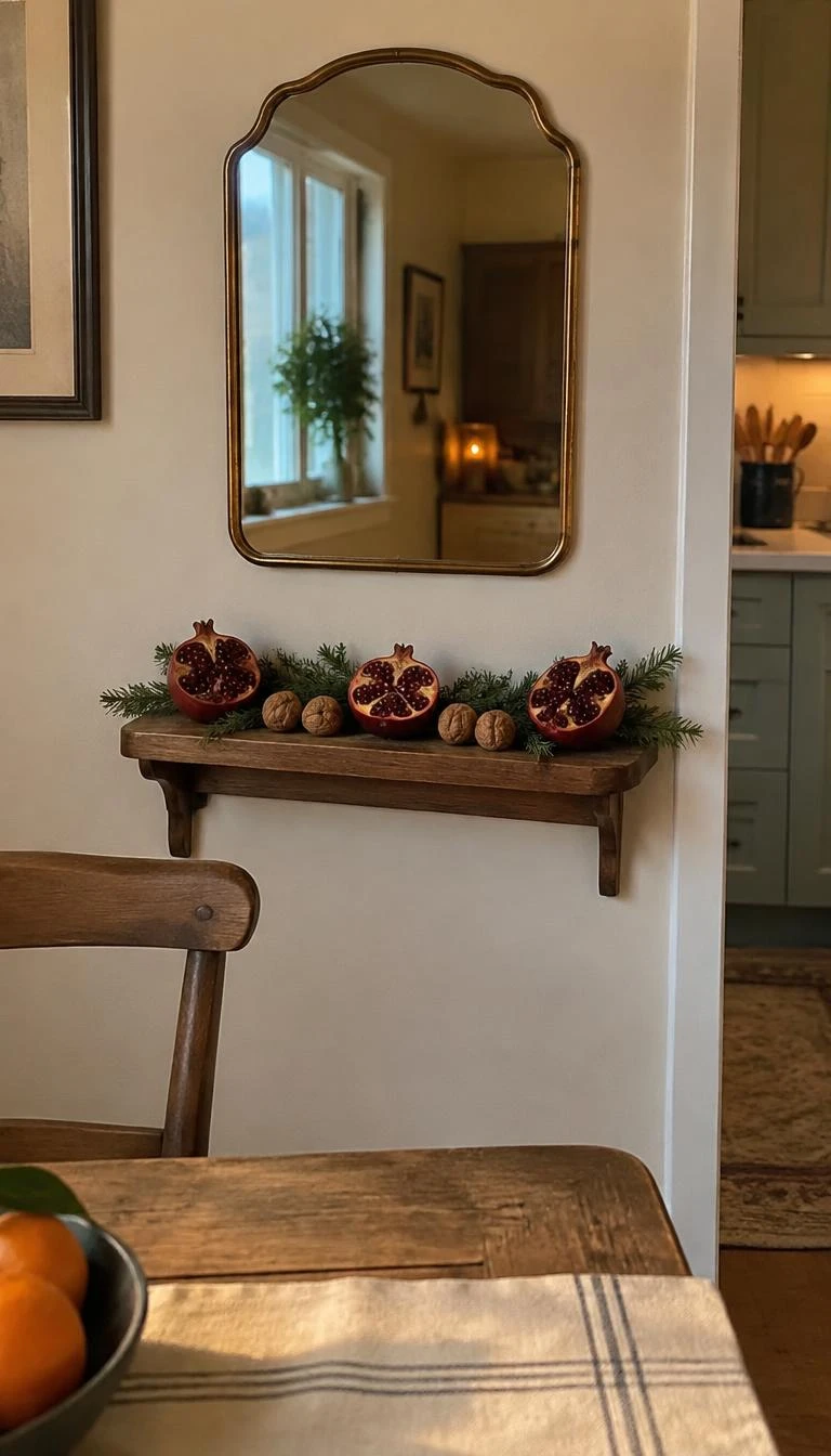 Nestle Dried Pomegranate Halves in Fir Sprigs A candid, realistic iPhone photograph of a kitchen dining nook, showing a small wall mirror with a wooden ledge below holding three dried pomegranate halves nestled in dark fir sprigs and whole walnuts, warm cozy rustic atmosphere.