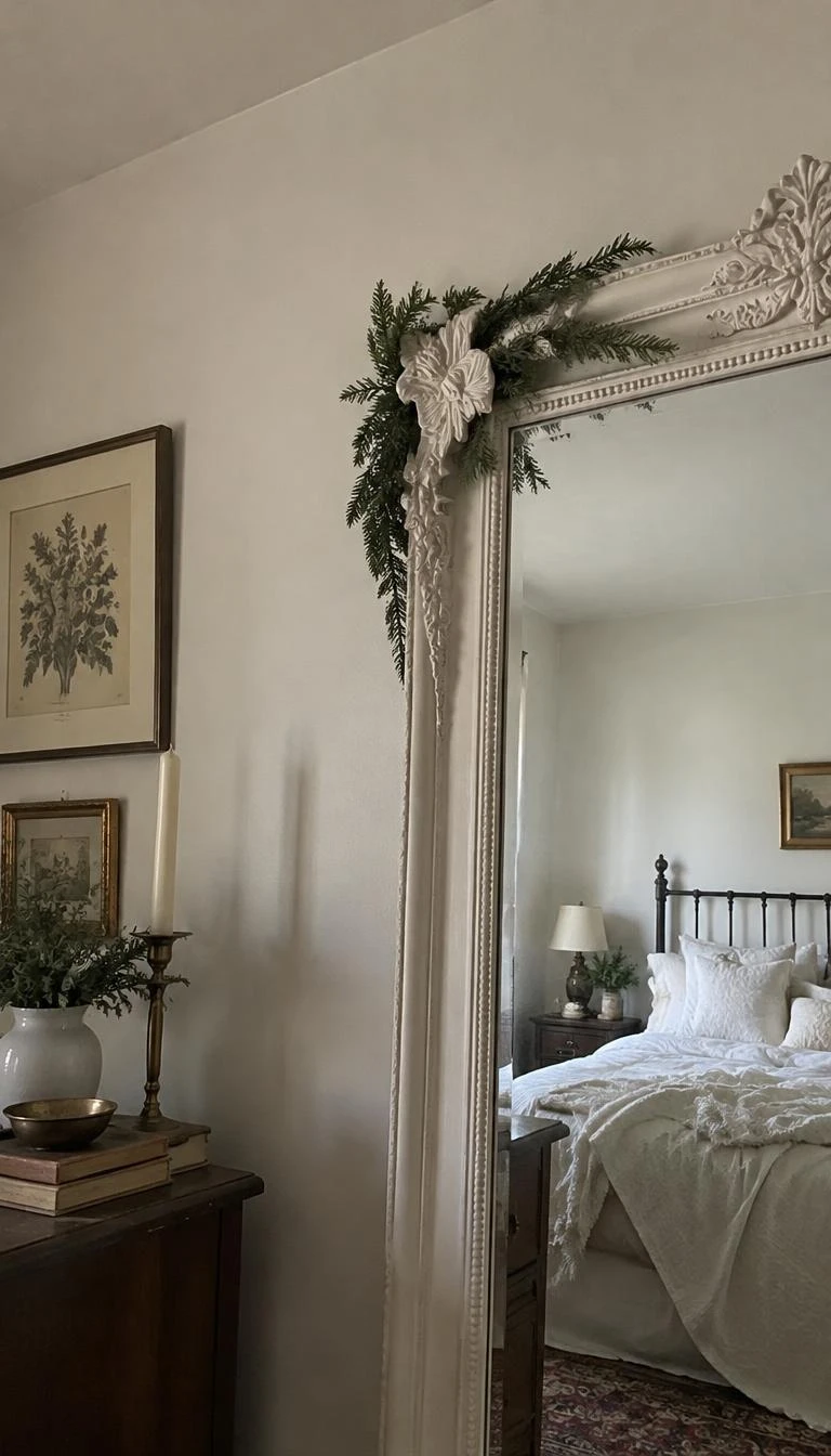 Tuck Cedar Sprigs Into the Corner Molding A candid, realistic iPhone photograph of a bedroom, showing an ornate plaster wall mirror with tiny fragrant cedar sprigs tucked gently into the carved corner scrollwork, subtle daylight highlighting the plaster details.